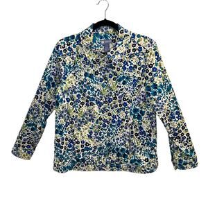 Koret Womens Missy Floral Jacket Blue Button Front Collared Cotton size M